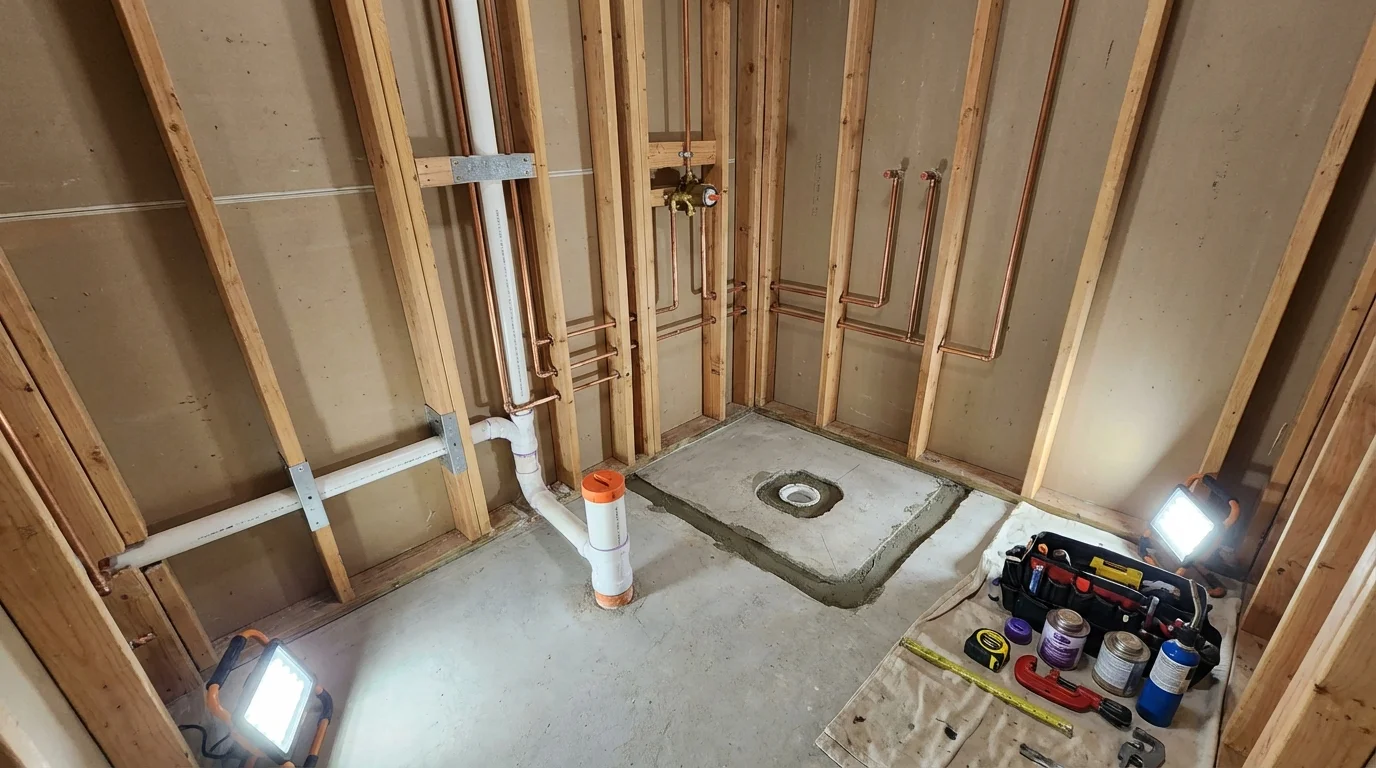 Bathroom rough-in plumbing during remodel by Johns Plumbing LLC in Elkton