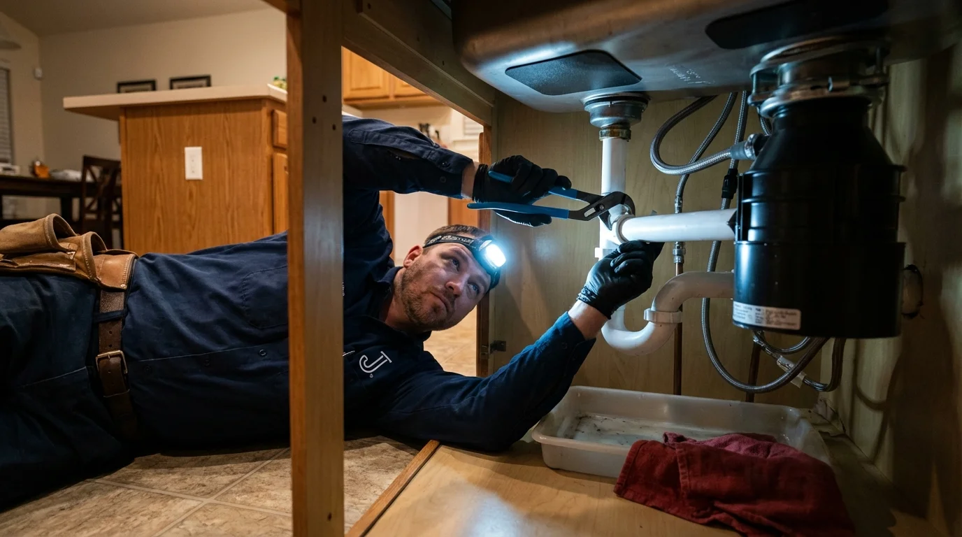 P-trap and supply line connections under a kitchen sink showing a common leak point in Elkton, MD